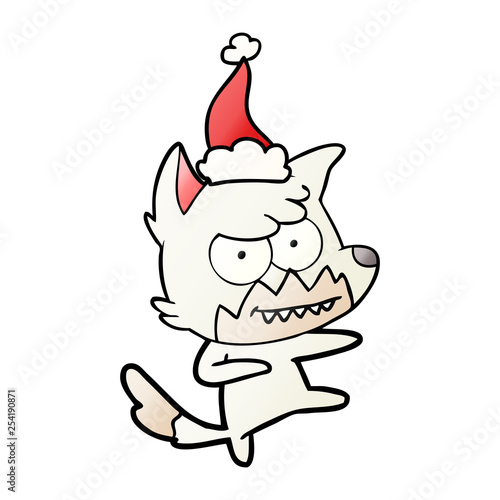 gradient cartoon of a grinning fox wearing santa hat