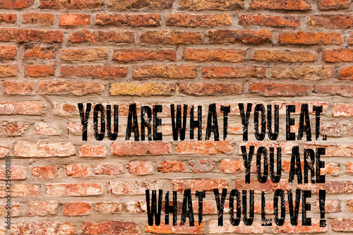 Handwriting text writing You Are What You Eat You Are What You Love. Conceptual photo Start to eat healthy food Brick Wall art like Graffiti motivational call written on the wall