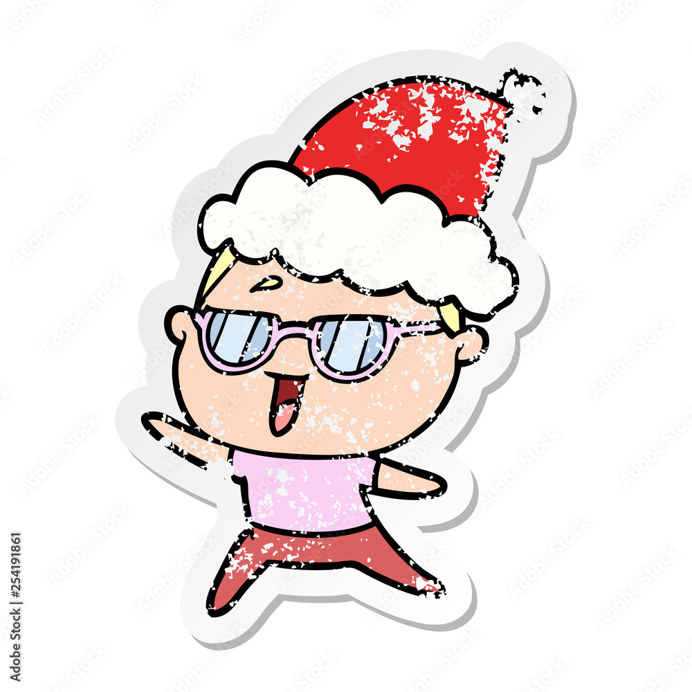 distressed sticker cartoon of a happy woman wearing spectacles wearing santa hat distressed sticker cartoon of a happy woman wearing spectacles wearing santa hat