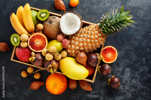 Fresh exotic fruit in a box.