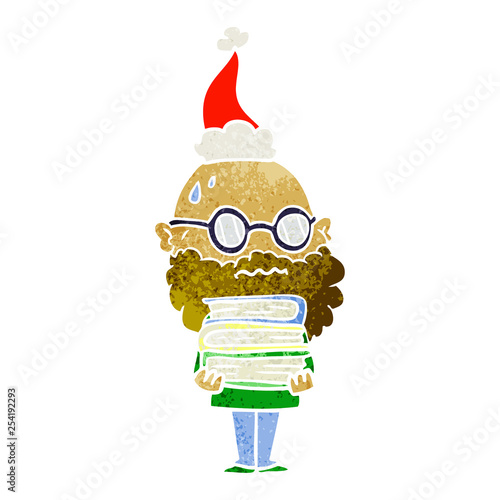 retro cartoon of a worried man with beard and stack of books wearing santa hat