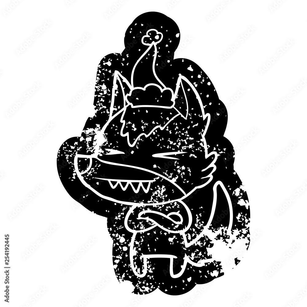 Fototapeta premium angry wolf cartoon distressed icon of a wearing santa hat