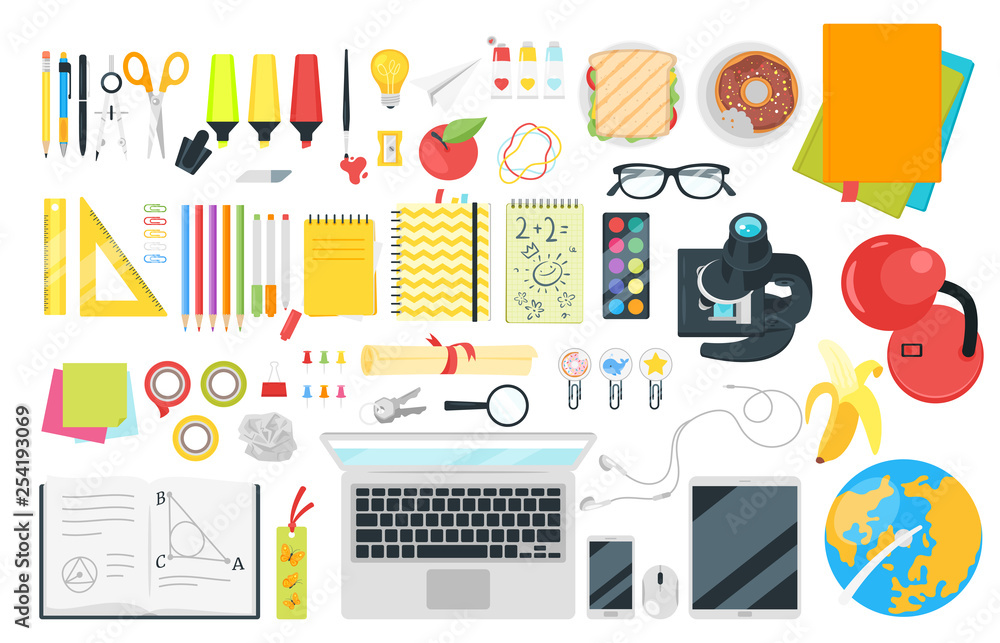 School stationery top view School stationery top view