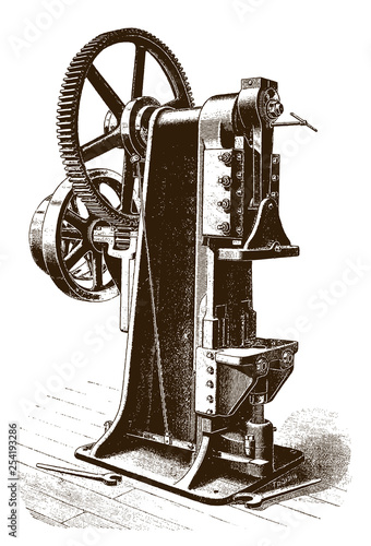 Antique power pressing machine, after engraving from 19c.