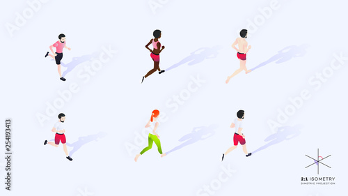 3d Running People. Conceptual Isometric Illustration. Dimetric Video Game Ready Projection.