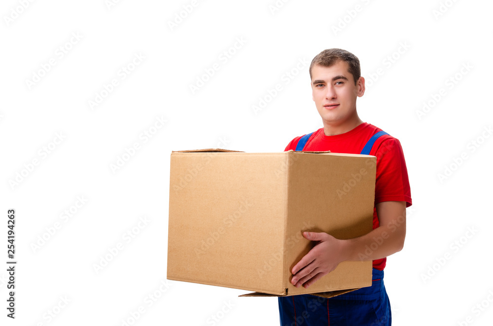 Young male courier with box isolated on white Young male courier with box isolated on white