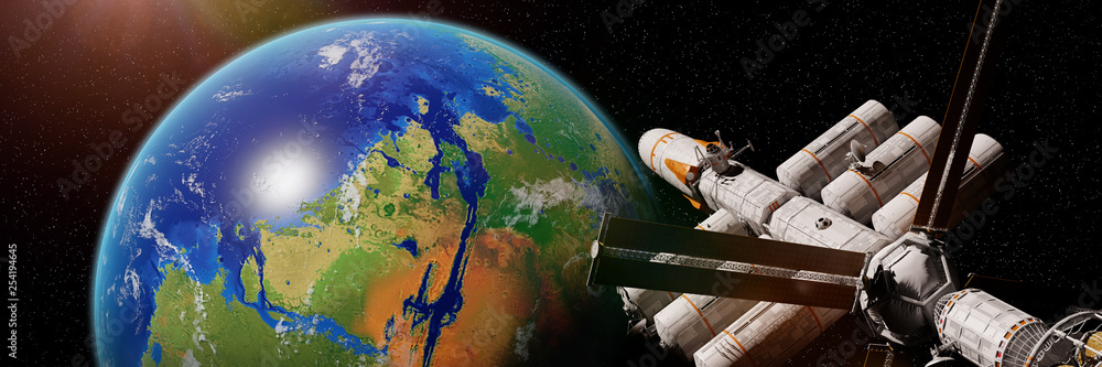 spaceship arrives in orbit of terraformed Mars, living on the red planet (3d space illustration banner)