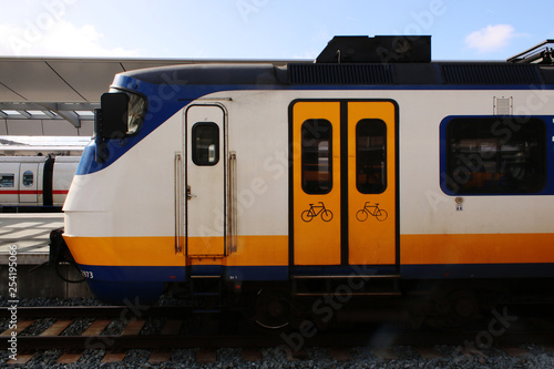 Utrecht, the Netherlands, March 8, 2019: White train or sprinter from the NS also called nederlandse spoorwegen