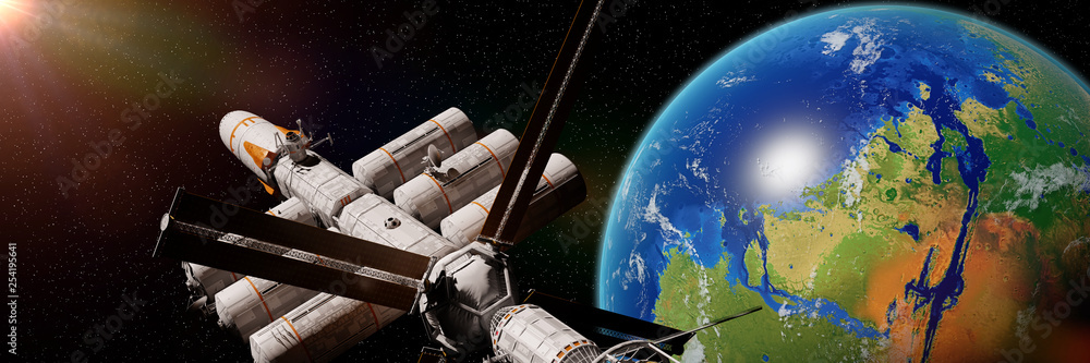 spaceship in orbit of terraformed Mars, the future of the red planet (3d space illustration banner, elements of this image are furnished by NASA)