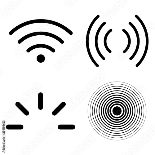 Signal icons vector set isolated on white background, line outline style radio signals waves and light rays, radar, wifi, antenna and satellite signal symbols