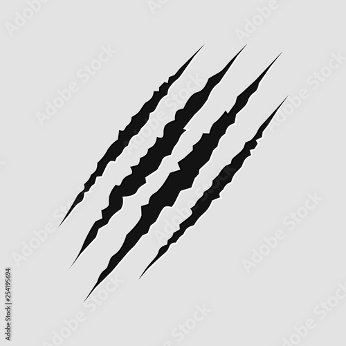 Realistic scratch claws of animal. Hole in sheet of paper with torn edges. Vector illustration isolated on transparent background
