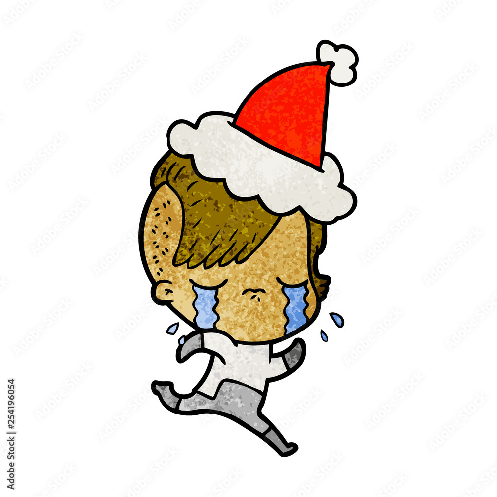 textured cartoon of a crying girl wearing space clothes wearing santa hat textured cartoon of a crying girl wearing space clothes wearing santa hat