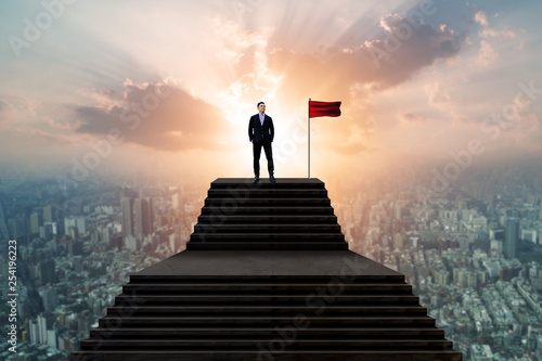 Success and effort man concept, business people  in suit standing with winner flag and looking over cityscape view and thinking business plan of the future © khwanchai