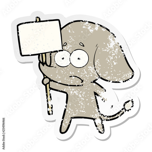 distressed sticker of a cartoon unsure elephant with protest sign