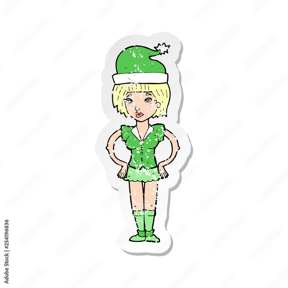 retro distressed sticker of a cartoon woman in christmas elf outfit retro distressed sticker of a cartoon woman in christmas elf outfit