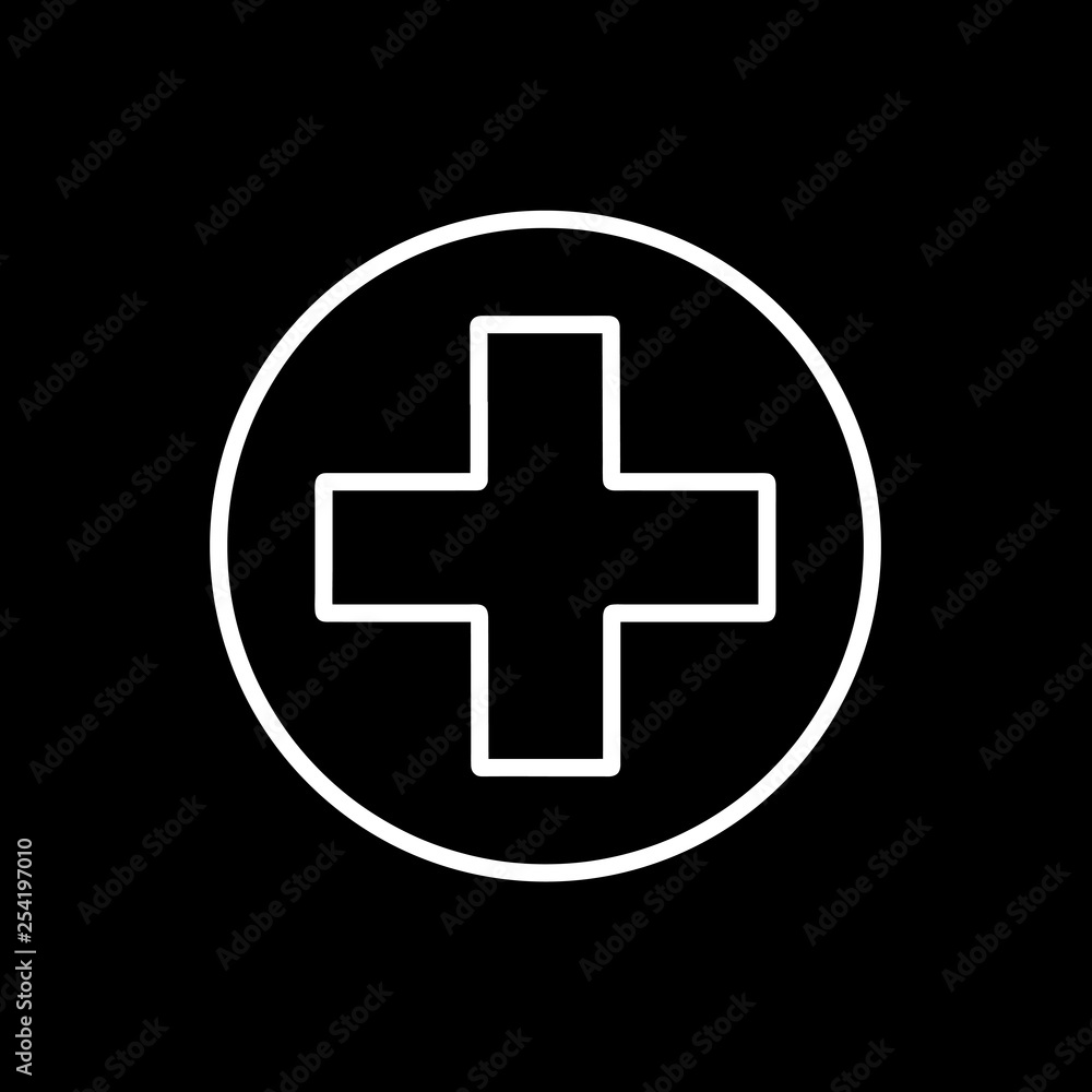 Flat line monochrome medical cross sign for web sites and apps. Minimal simple black and white medical cross sign. Isolated vector white medical cross sign on black background. Flat line monochrome medical cross sign for web sites and apps. Minimal simple black and white medical cross sign. Isolated vector white medical cross sign on black background.