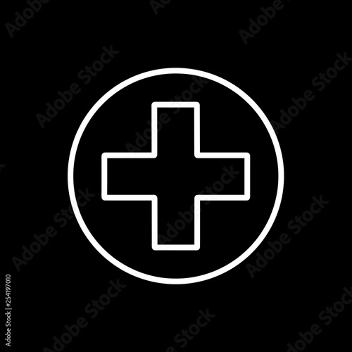 Flat line monochrome medical cross sign for web sites and apps. Minimal simple black and white medical cross sign. Isolated vector white medical cross sign on black background.