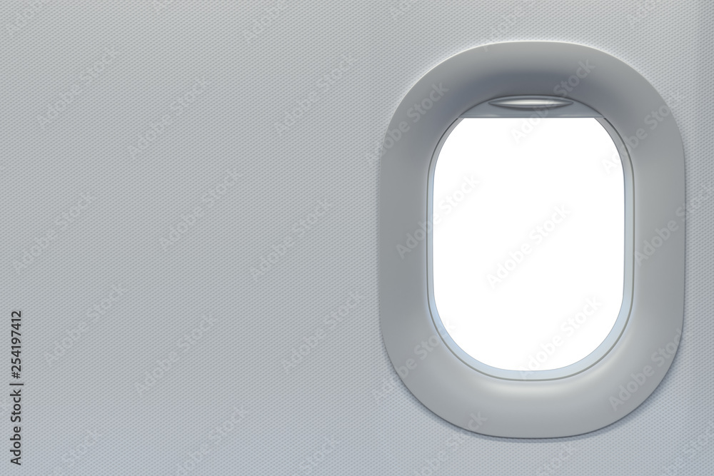 Fototapeta premium Airplane window. Travel and tourism fliight concept. Space for text.