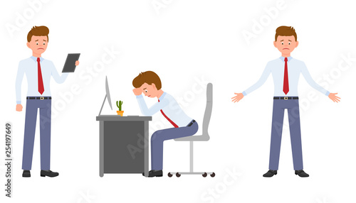 Young office worker in formal wear standing with tablet, sitting at the desk. Cartoon character design of stressed, upset, sad, tired, disappointed man at work concept - Vector