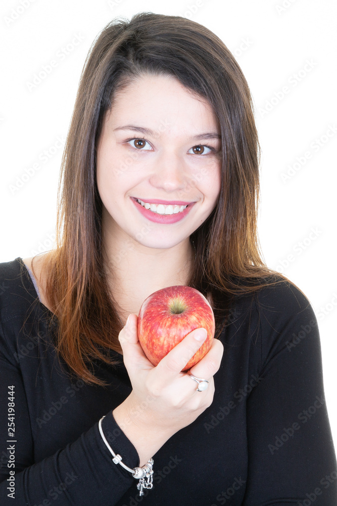 smiling woman with healthy teeth holding red apples smiling woman with healthy teeth holding red apples