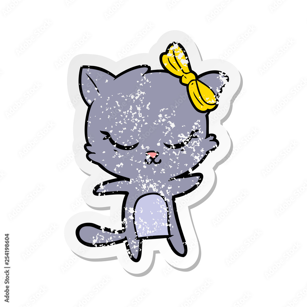 distressed sticker of a cute cartoon cat with bow distressed sticker of a cute cartoon cat with bow