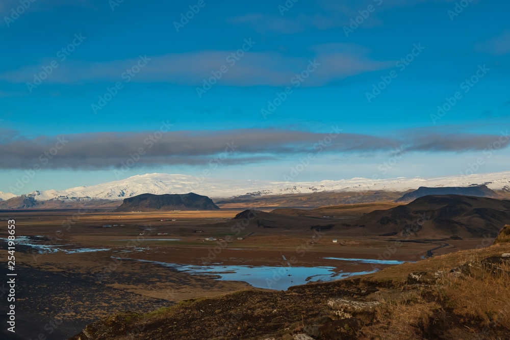View of mountains from the cliff Dyrholaey. Iceland. View of mountains from the cliff Dyrholaey. Iceland.