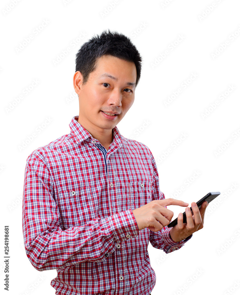 Young asian man using smartphone on white background Young asian man using smartphone on white background