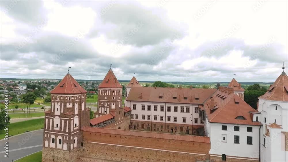 Drone view of the Mir Castle complex in the region of Grodno, in Belarus Drone view of the Mir Castle complex in the region of Grodno, in Belarus