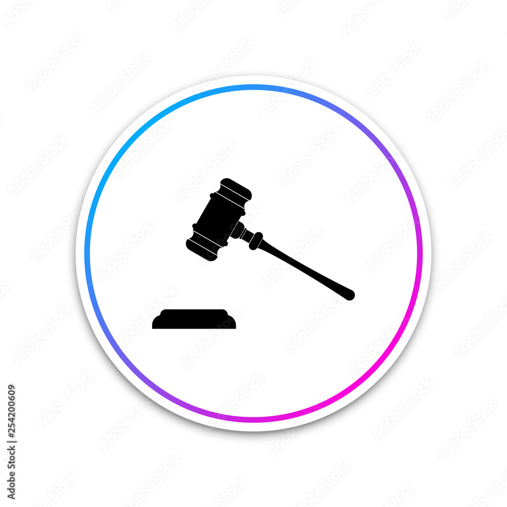 Judge gavel icon isolated on white background. Gavel for adjudication of sentences and bills, court, justice, with a stand. Auction hammer symbol. Circle white button. Vector Illustration Judge gavel icon isolated on white background. Gavel for adjudication of sentences and bills, court, justice, with a stand. Auction hammer symbol. Circle white button. Vector Illustration