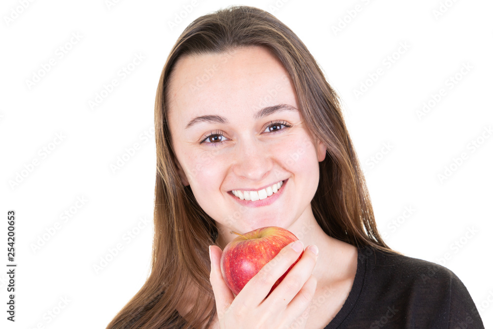 Happy girl with large smile holding red apple Happy girl with large smile holding red apple