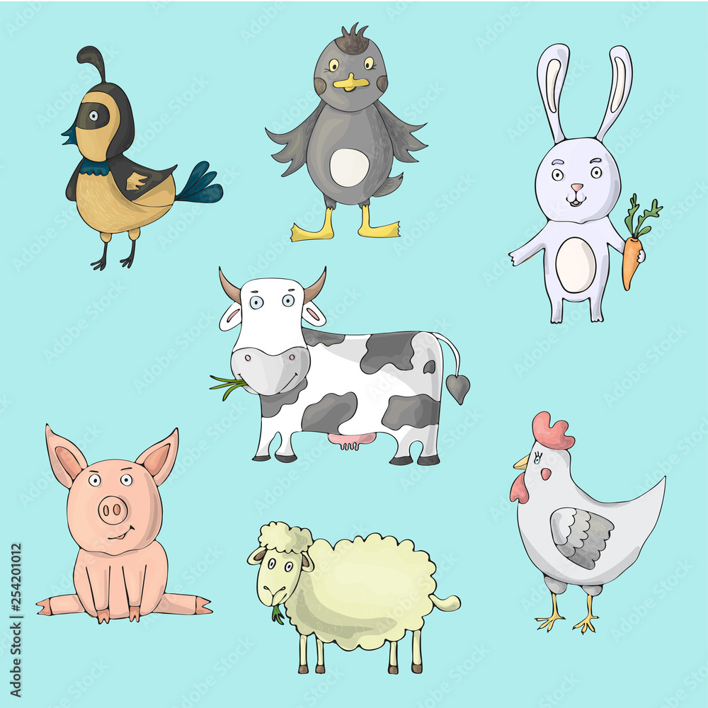 Farm animals collection with cow, hen, pig, sheep, ducks, rabbit, quail. Cartoon vector isolated characters. Farm animals collection with cow, hen, pig, sheep, ducks, rabbit, quail. Cartoon vector isolated characters.