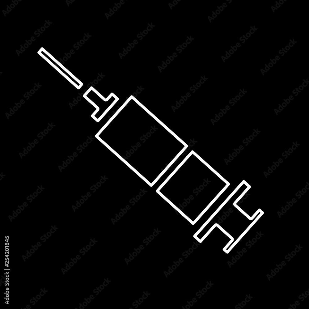 Flat line monochrome syringe illustration for web sites and apps. Minimal simple black and white syringe illustration. Isolated vector white syringe illustration on black background. Flat line monochrome syringe illustration for web sites and apps. Minimal simple black and white syringe illustration. Isolated vector white syringe illustration on black background.