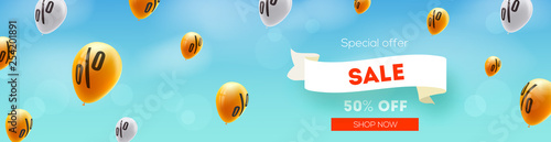 Long banner with Sale, discount offer. Yellow balloons flying in blue sky with sign of percent. Ad of sales actions. Vector 3d illustration. Creative design for discounts actions in shop and markets