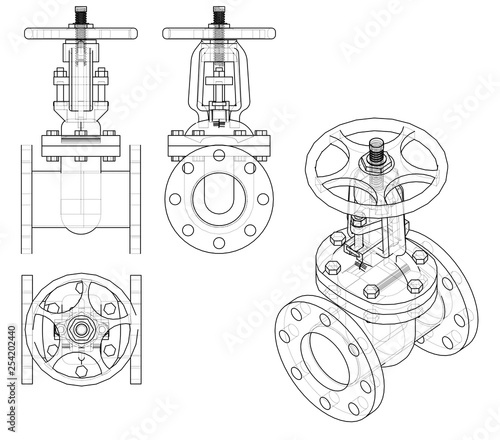 Industrial valve outline. Vector rendering of 3d