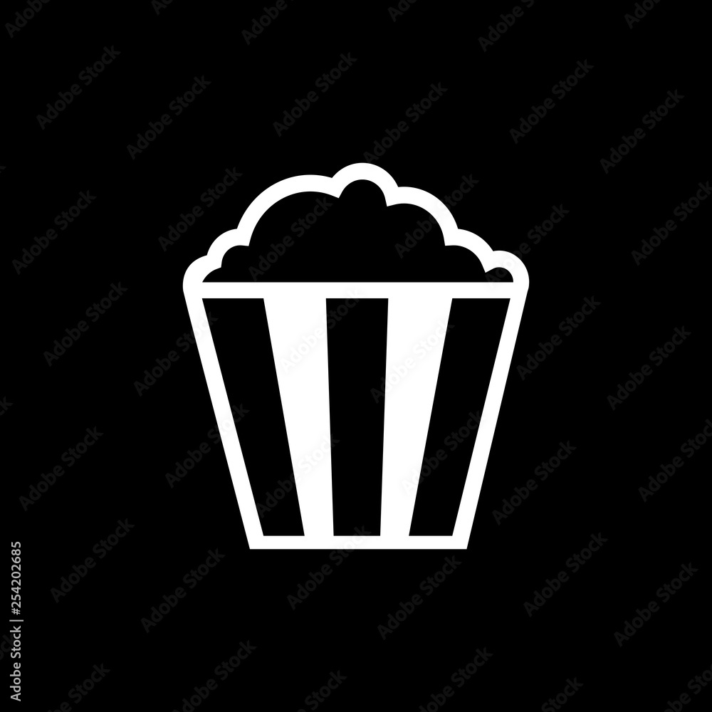 Flat monochrome popcorn symbol for web sites and apps. Minimal simple black and white popcorn symbol. Isolated vector white popcorn symbol on black background. Flat monochrome popcorn symbol for web sites and apps. Minimal simple black and white popcorn symbol. Isolated vector white popcorn symbol on black background.