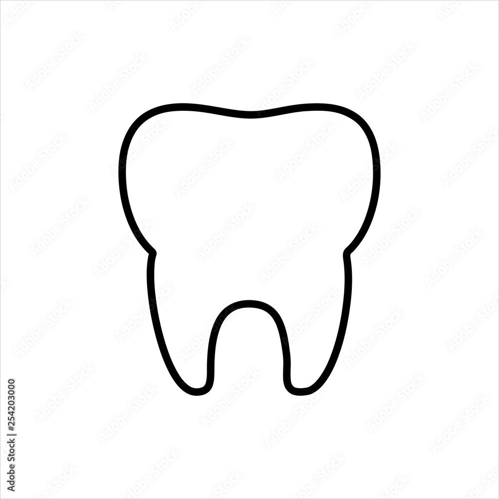 Flat line monochrome tooth illustration for web sites and apps. Minimal simple black and white tooth illustration. Isolated vector black tooth illustration on white background.
