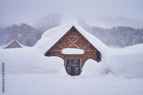 Wooden house at Hakkoda ropeway in Mount Tamoyachi with snowy time at Aomori, Japan.