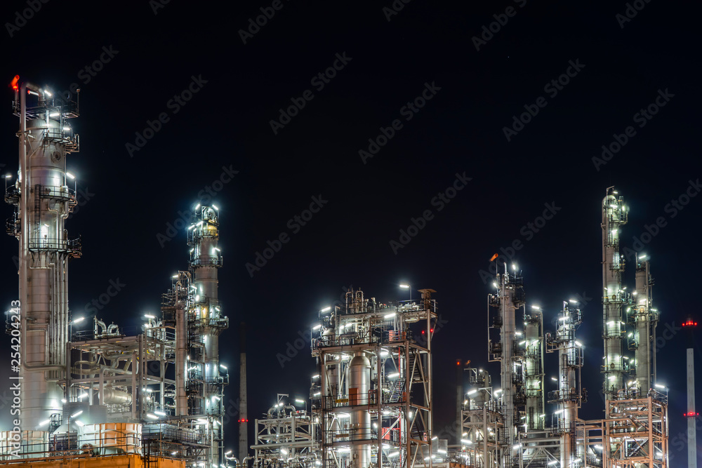 Petrochemical Industrial. Oil refinery and Oil industry at night