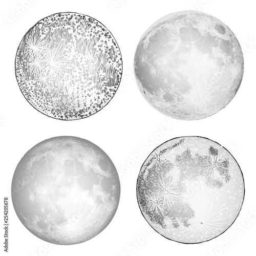 Set of realistic full moon and moon stipple drawing. Vintage engraving astrology or astronomy design. Vector.