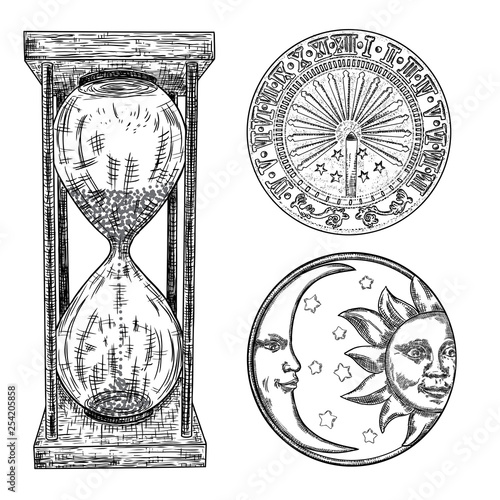 Set of sundial, sun clock, hourglass or sand clock and moon crescent with sun engraving. Hand drawn and isolated. Vector
