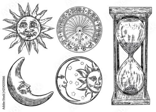 Set of sundial, sun clock, hourglass or sand clock and moon crescent with sun engraving. Hand drawn and isolated. Vector
