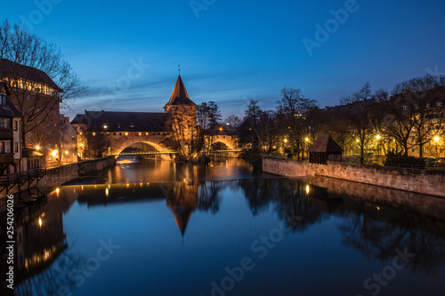 blue hour at river in nuremberg