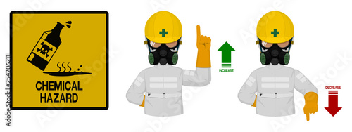 Set of industrial worker with Chemical Hazard protective suit is gesturing hand sign ( increase,decrease)