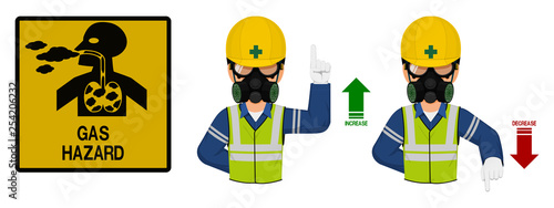 Set of industrial worker with gas mask is gesturing hand sign ( increase,decrease)