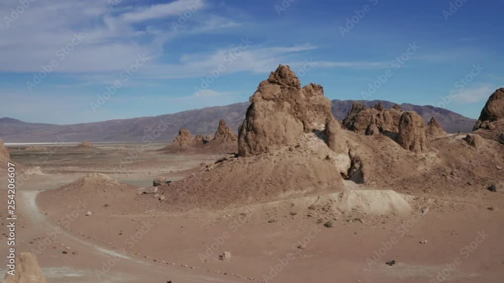 Fast pan of spires at Trona Pinnacles in Californian desert Fast pan of spires at Trona Pinnacles in Californian desert