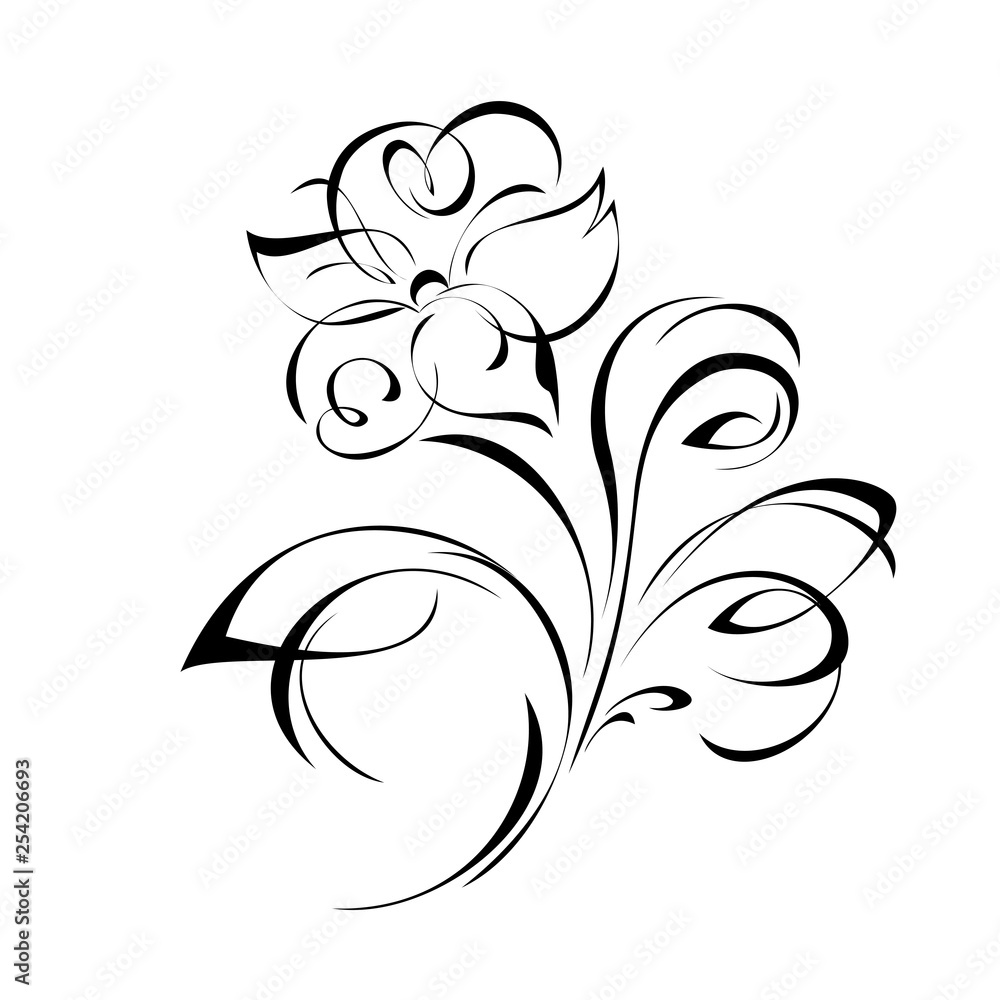 Fototapeta premium stylized flower on stem with leaf in black lines on white background