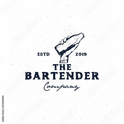 bartender vintage logo template,hand holding bottle hand drawn logo template