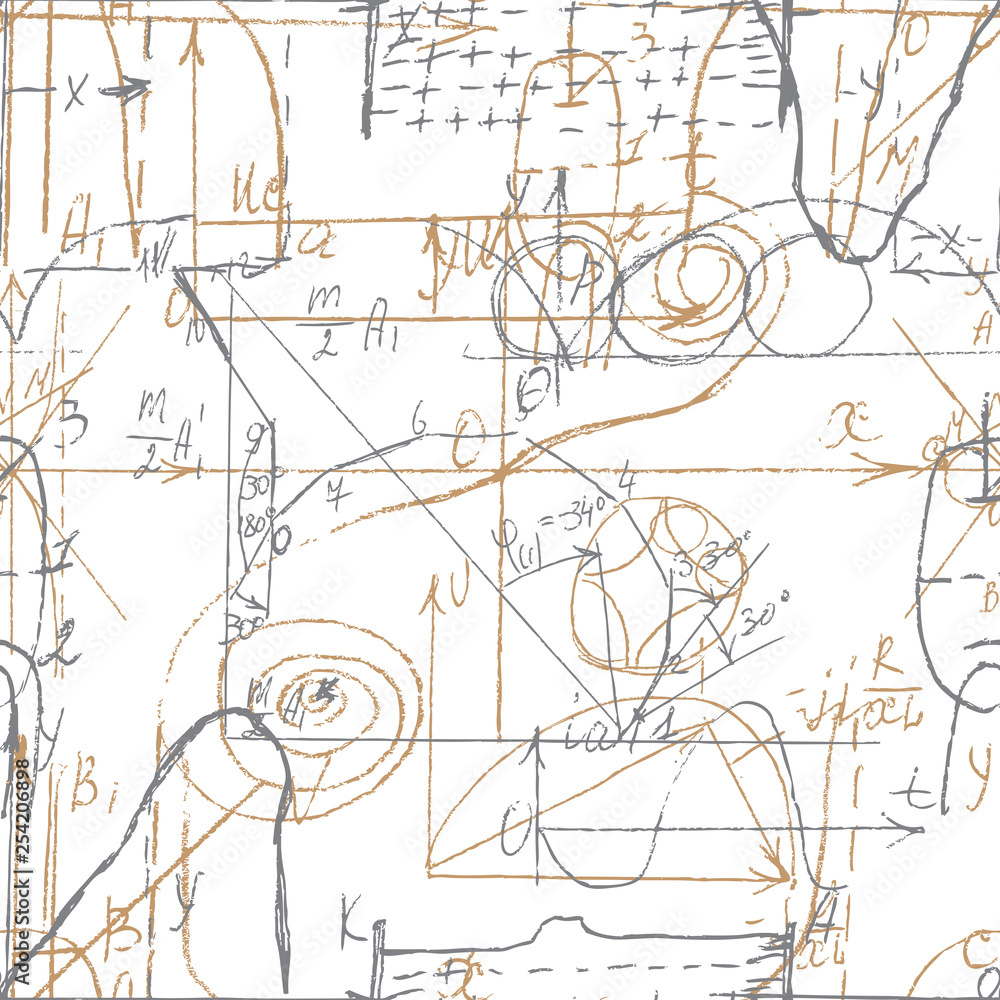 Math and Geometry seamless pattern with handwriting and drawing of various graph solutions. Geometry and mathematics subjects graphics. College lectures. Vector. Math and Geometry seamless pattern with handwriting and drawing of various graph solutions. Geometry and mathematics subjects graphics. College lectures. Vector.