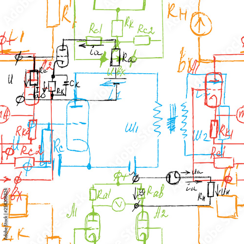 Scientific seamless background with handwritten mathematical and physical formulas, electronic components, schematic diagram and circuit of  the devices. Electrician pattern. Vector.