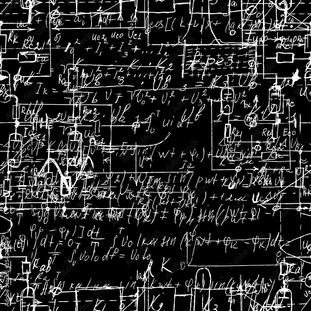 Scientific seamless texture with handwritten formulas and electronic components. Drawing of various graph solutions on chalk boards. Physics and schematic diagram and circuit of the devices. Vector. Scientific seamless texture with handwritten formulas and electronic components. Drawing of various graph solutions on chalk boards. Physics and schematic diagram and circuit of the devices. Vector.